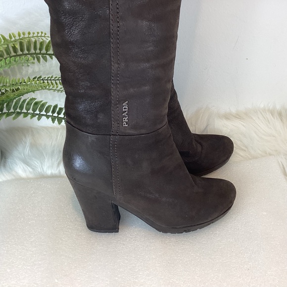 PRADA TALL BOOTS LEATHER CHOCOLATE BROWN BLOCK HEEL SLIGHT SLOUCH SZ 7.5 - Picture 3 of 16